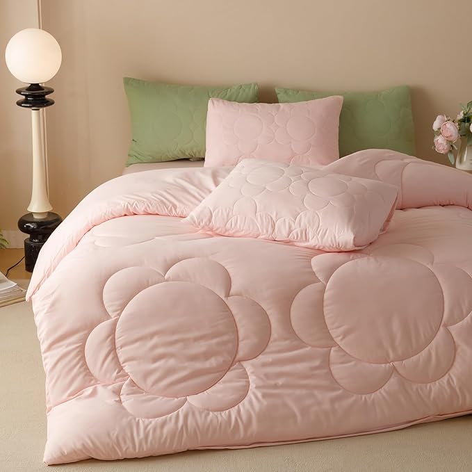 CLOTHKNOW Pink Floral Twin/Twin XL Comforter Set 3Pcs Daisy Puff Bedding Comforter Sets Boho Comforter Soft Pink Comforter Sets