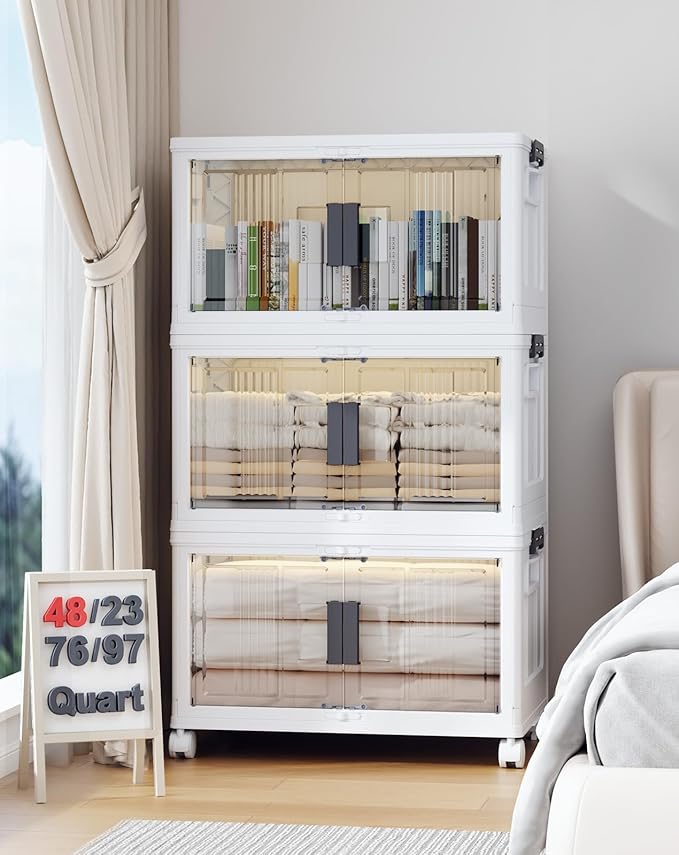 OlarHike Lockable Storage Bins with Lids Folding Storage box with Doors and Wheels 3 Pack Cubes