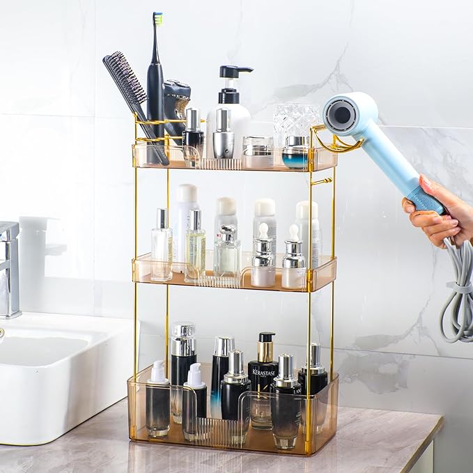 3 Tier Bathroom Organizer Countertop Makeup Perfume Skincare Organizer Comes with Hair Dryer Rack and Toothbrush Holder for Bathroom Dresser Vanity (Gold)