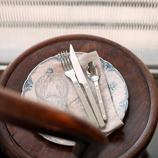 5-Piece Flatware Set - Bistrot Collection - Knife, Fork, Soup Spoon, Teaspoon & Dessert Fork - Stainless Steel & Nylon - Dishwasher Safe - Light Kaki - Brilliant Finish