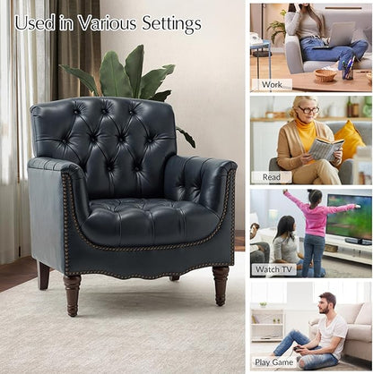 HULALA HOME Mid Century Modern Leather Club Chairs, Top-Grain Genuine Leather Armchairs with Button-Tufted Back & Solid Wood Legs, Accent Chairs for Living Room/Bedroom/Home Office, Navy