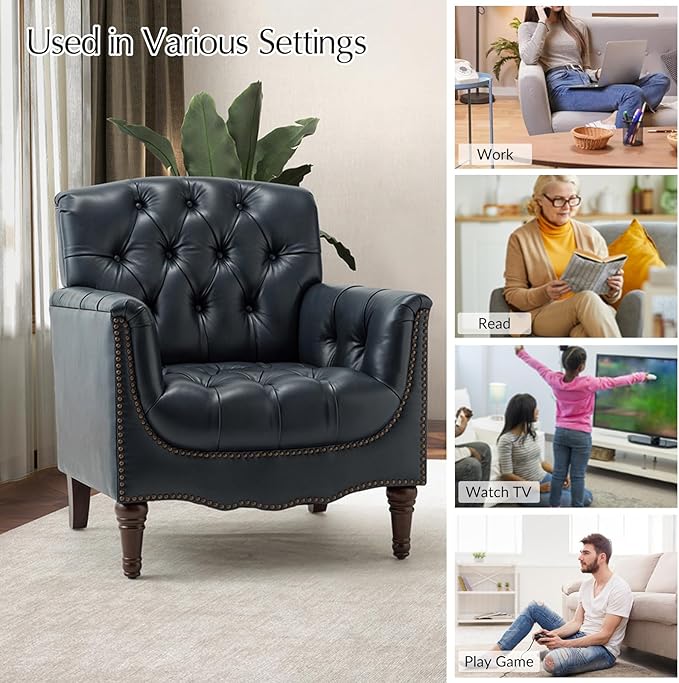 HULALA HOME Mid Century Modern Leather Club Chairs Set of 2, Top-Grain Genuine Leather Armchairs with Button-Tufted Back & Solid Wood Legs, Accent Chairs for Living Room/Bedroom/Home Office, Navy