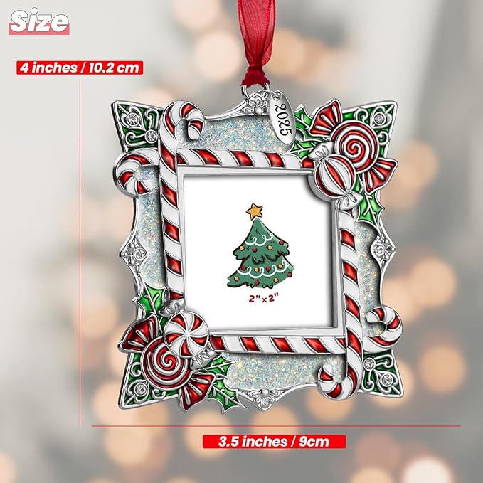 2025 Christmas Ornaments 2 inch Picture Frame Metal Hanging Pendant for Tree Small Decorative Keepsake, Display Photo for Baby and Pet (Candy Silver (2025))