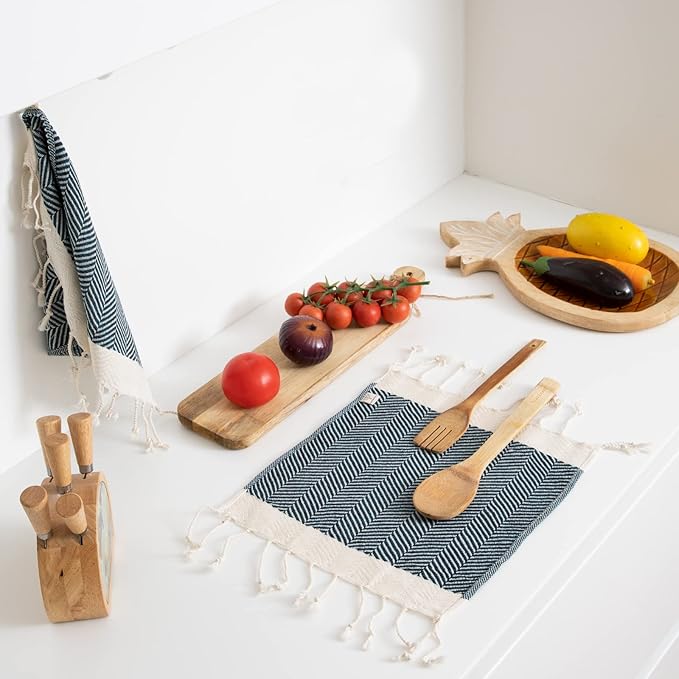 SMYRNA TURKISH COTTON Herringbone Series Kitchen Dish Towels Pack of 6, Machine Washable Wash Cloths, Ultra Soft, Absorbent, Prewashed and Quick Dry Turkish Dish Towels, 12x12 Inch (Navy)