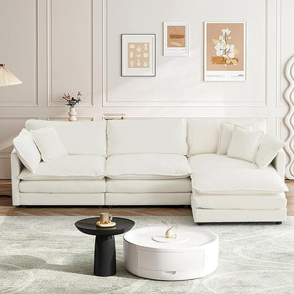 SoarFlash Chenille Sectional Sofa, Comfy L Shaped Modular Coush Sofa with Ottoman, Modern 3 Seat Couch Deep Seat Sofa Set for Living Room,White