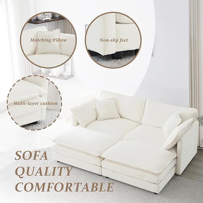 SoarFlash Chenille Sectional Sofa, Comfy Modular Coush Sofa with Ottoman, Modern 2 Seat Recliner Deep Seat Sofa Set for Living Room,White