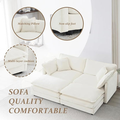 SoarFlash Chenille Sectional Sofa, Comfy Modular Coush Sofa with Ottoman, Modern 2 Seat Recliner Deep Seat Sofa Set for Living Room,White