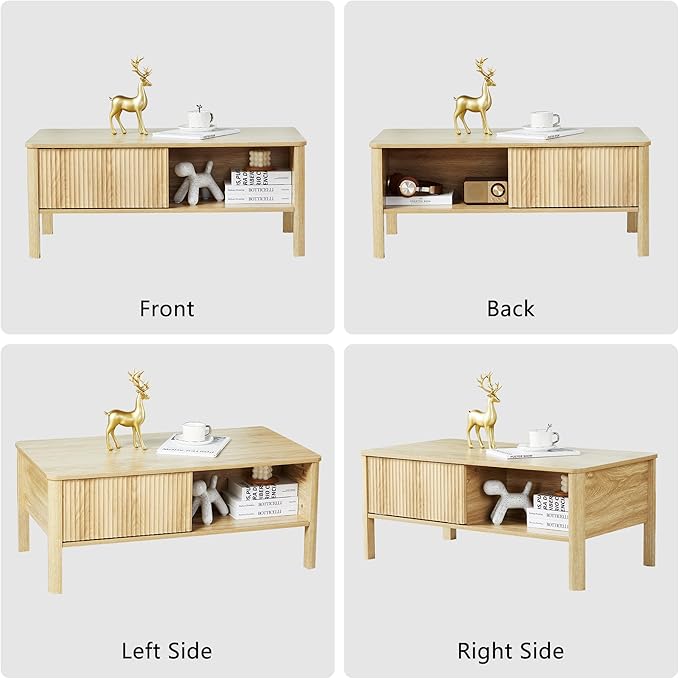 Mid-Century Modern Rectangular Wood Coffee Table with Dual Storage Shelf, Storage Center Coffee Tables with Waveform Panel Sliding Door for Living Room Apartment(Natural)