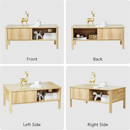 Mid-Century Modern Rectangular Wood Coffee Table with Dual Storage Shelf, Storage Center Coffee Tables with Waveform Panel Sliding Door for Living Room Apartment(Natural)