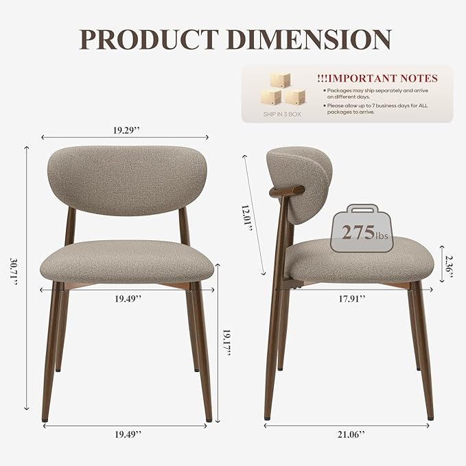 Dining Chairs Set of 6, Upholstered Dining Room Chairs with Metal Legs and Anti Slip Pads, Curved Back Wood Kitchen Chair for Home and Restaurant Use, Camel