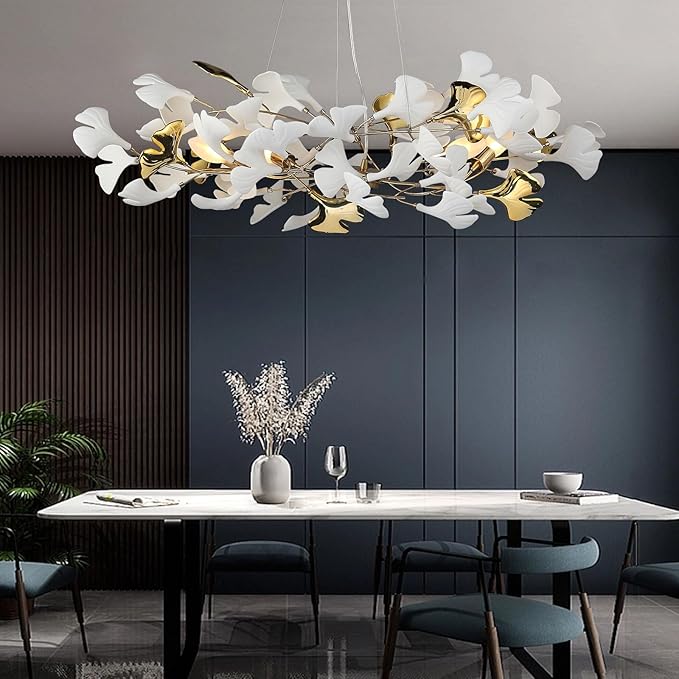 Gold Leaf Chandelier 31.5 Inch, Modern Brass Chandeliers Light,Ginkgo Chandelier for Living Room 5 Light Hanging Round Light Fixture 48 Leaves