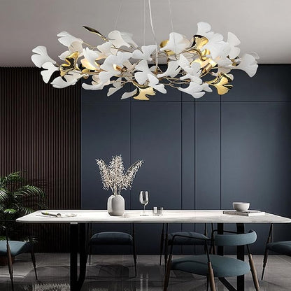 Gold Leaf Chandelier 31.5 Inch, Modern Brass Chandeliers Light,Ginkgo Chandelier for Living Room 5 Light Hanging Round Light Fixture 48 Leaves