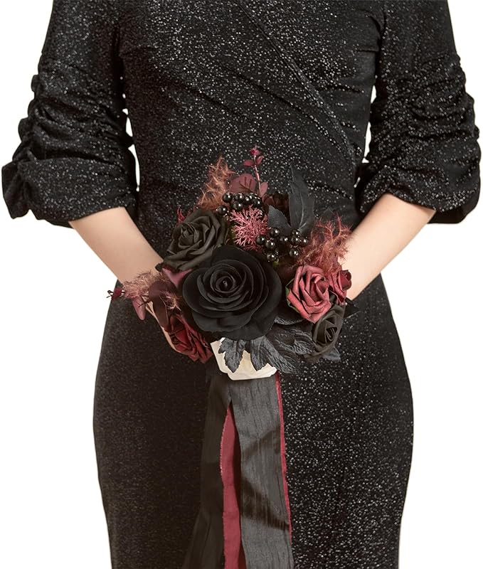 Ling's moment Artificial Flowers Gothic Bridesmaid Bouquet, Burgundy and Black Wedding Flowers Bouquets for Bridesmaids, 7 Inch Bridal Bouquets for Bridesmaids, Wedding, Ceremony, Anniversary, etc