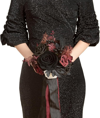 Ling's moment Artificial Flowers Gothic Bridesmaid Bouquet, Burgundy and Black Wedding Flowers Bouquets for Bridesmaids, 7 Inch Bridal Bouquets for Bridesmaids, Wedding, Ceremony, Anniversary, etc