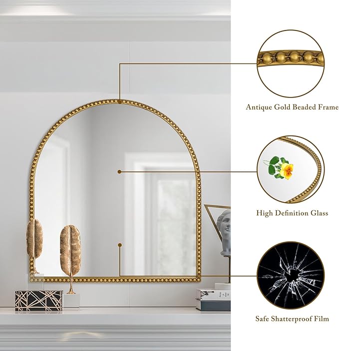 28x26 Inch Arched Bathroom Mirror, Antique Gold Wall Mirror Metal Beaded Frame, Vanity Mirror for Dresser Living Room Bedroom Mantel Entryway Hallways