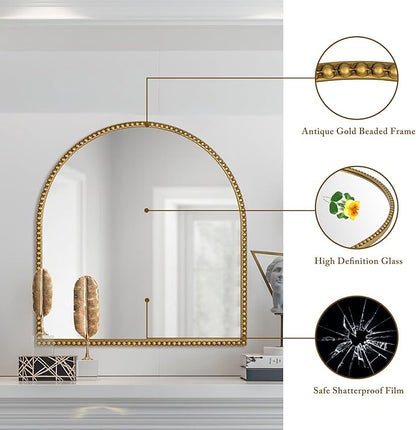 28x26 Inch Arched Bathroom Mirror, Antique Gold Wall Mirror Metal Beaded Frame, Vanity Mirror for Dresser Living Room Bedroom Mantel Entryway Hallways