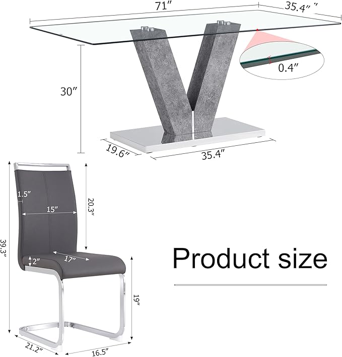 71" Glass Dining Table Set for 4, 5-Piece Table Set, Kitchen Table and 4 PU Leather Chairs, Dining Table Set Ideal for Living Room