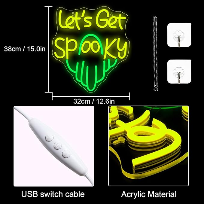 LUCUNSTAR Let’s Get Spooky Neon Sign Halloween Neon Signs for Wall Decor Led Lights with USB Powered Halloween Ghost Wall Decoration for Bedroom Bar Party Man Cave Club Pub Door Gifts