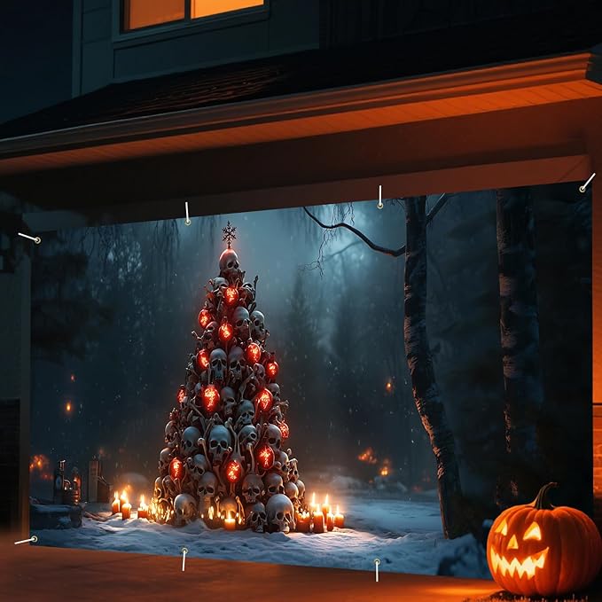 6 x 13 ft Halloween Garage Door Decorations Halloween decorations Witch Door Cover, Hanging Banner, Cauldron Backdrop Mural for Home, Outdoor, Indoor, Spooky Party, Wall, Window (Skull mountain)