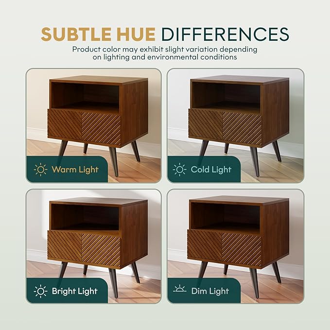 Bme Rhombus Wooden Nightstand with Storage Drawer – Solid Acacia Wood, Geometric Rhombus Pattern Front, Modern Scandinavian Side Table with Metal Base for Bedroom