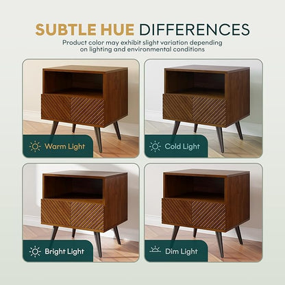 Bme Rhombus Wooden Nightstand with Storage Drawer – Solid Acacia Wood, Geometric Rhombus Pattern Front, Modern Scandinavian Side Table with Metal Base for Bedroom