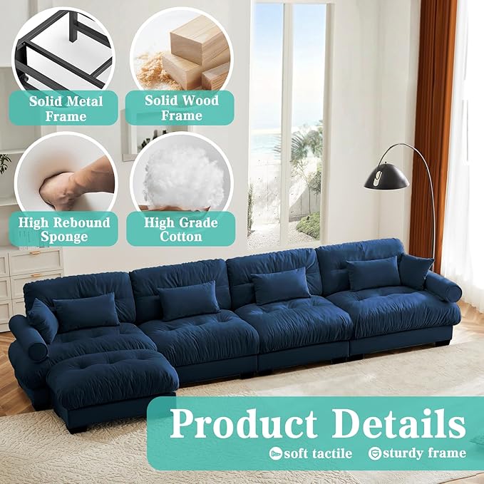 SoarFlash Sectional Couches for Living Room, L Shaped Sofa Couch with Velvet Fabric, 4 Seat Modern Sofa with Ottoman, Removable Pillows for Apartment, Blue