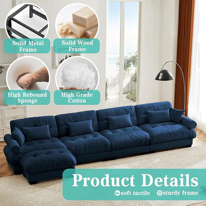SoarFlash Sectional Couches for Living Room, L Shaped Sofa Couch with Velvet Fabric, 4 Seat Modern Sofa with Ottoman, Removable Pillows for Apartment, Blue