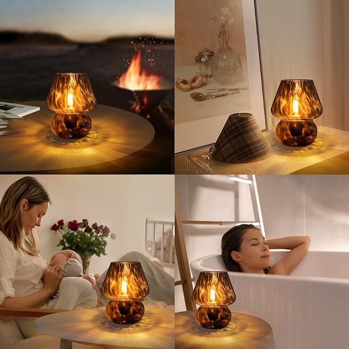 ONEWISH Mushroom Lamp Small Vintage Table Lamp for Bedroom Nightstand, Bedside Lamp Translucent Glass Stepless Dimmable, Murano Aesthetic Home Decor for Living Room Kitchen(Black)