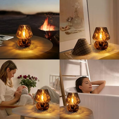 ONEWISH Mushroom Lamp Small Vintage Table Lamp for Bedroom Nightstand, Bedside Lamp Translucent Glass Stepless Dimmable, Murano Aesthetic Home Decor for Living Room Kitchen(Black)