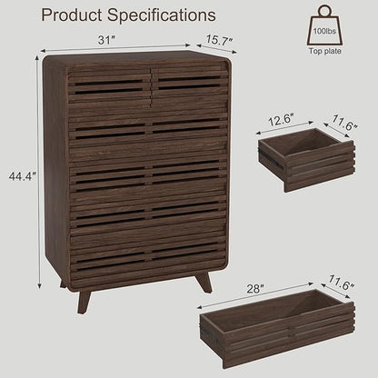 Walnut Dresser for Bedroom, Tall Dresser with 6 Drawers, Chests of Drawers with Grille & Curved Design, Fluted Dressers Slides Pre-Installed, Wood Large Drawer Organizer for Bedroom Hallway