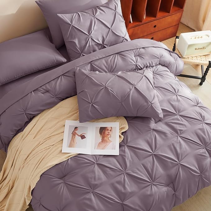 CozyLux King Size Comforter Set Grayish Purple, 7 Pieces Bed in A Bag Purple Comforter King Size, Pinch Pleat Bedding Set with All Season Comforter, Sheets, Pillowcases & Shams