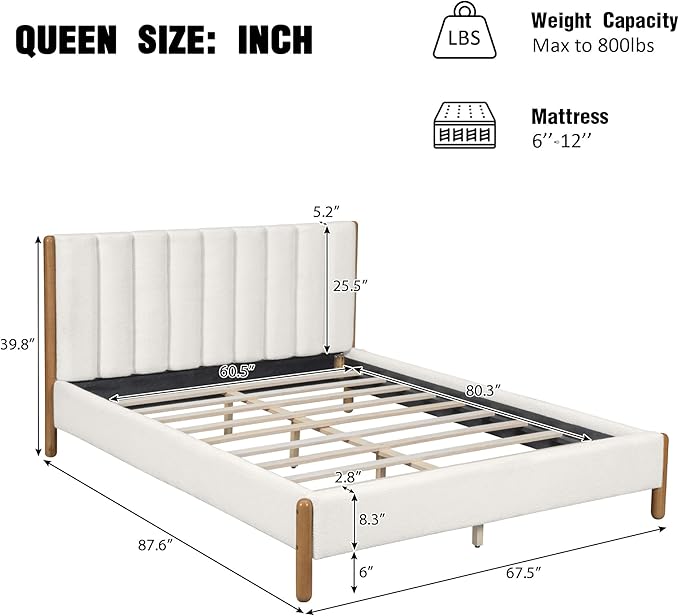 Queen Size Bed Frame, Upholstered Cloud Boucle Platform Beds Frames with Headboard, Anti-Collision Soft Rounded Corners Footboard, No Box Spring Required, Easy Assembly (39.8" White, Queen)