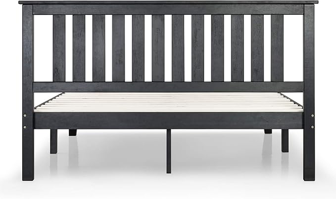 Mellow Marley 14 Inch Solid Wood Platform Bed with Paneled Headboard, Ebony Black, Queen