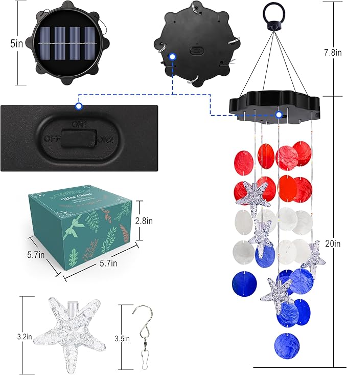 Solar Shell Gift for Mom Grandma Girls, Christmas Red White Blue Solar Wind Chimes for Outside, Christmas Decorative Mobile Lights for Garden, Yard, Patio, Window, Party, Outdoor Decorations