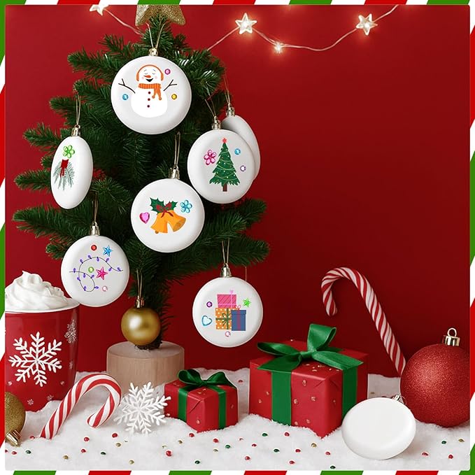 Syhood 24 Pcs 4'' DIY Christmas Blank White Ball Ornaments Set Plastic Matte Flat Discs Ornaments DIY Xmas Tree Decoration with Acrylic Paint Markers Gems Stickers for Crafts Party Decor