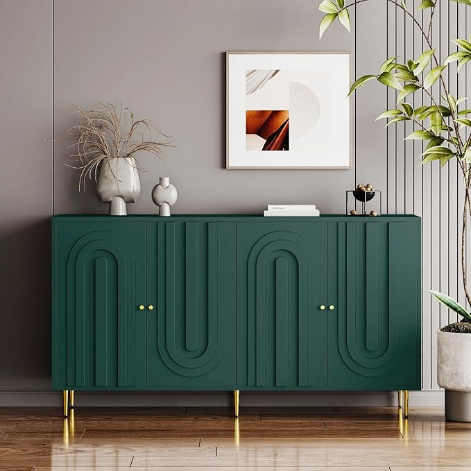 60" Modern Sideboard Buffet Accent Cabinet, Green Entryway Table with Storage Wood Credenzas for Living Room Home Bar, 4 Doors & Adjustable Shelves