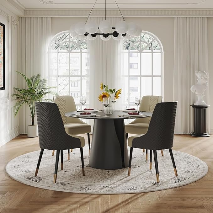 POVISON 47" Round Dining Table for 4, Modern Dining Table Round, Matte Black Sintered Stone Tabletop with Black Carbon Steel Pedestal (Dining Room Table Only)