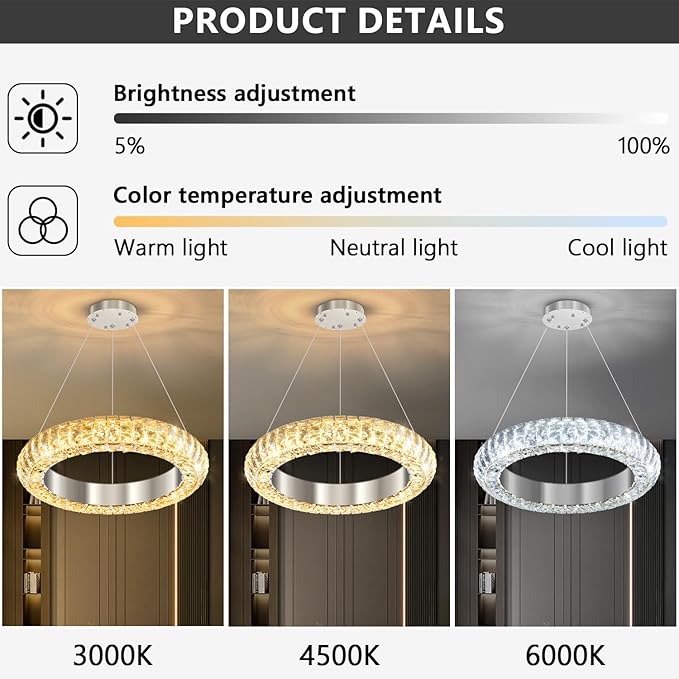 16" Ring Modern LED Dimmable Crystal Chandelier Adjustable Height Pendant Light Round Crystal Chandelier Light Fixtures for Dining Room Living Room Kitchen Island Silver