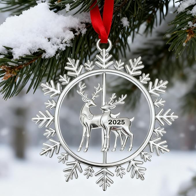 Christmas Ornaments 2025 for Tree Decoration Metal Snowflake Ornament 2025 Dated Xmas Wreath with Rotatable Reindeer Shiny Silver Holiday Decorative Keepsake Gifts for Family Friends