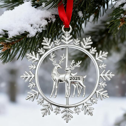 Christmas Ornaments 2025 for Tree Decoration Metal Snowflake Ornament 2025 Dated Xmas Wreath with Rotatable Reindeer Shiny Silver Holiday Decorative Keepsake Gifts for Family Friends