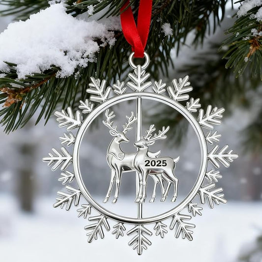 Christmas Ornaments 2025 for Tree Decoration Metal Snowflake Ornament 2025 Dated Xmas Wreath with Rotatable Reindeer Shiny Silver Holiday Decorative Keepsake Gifts for Family Friends