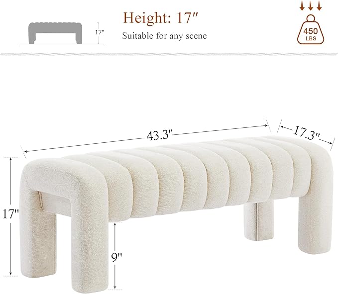 43’’ End of Bed Bench, Modern Linen Entryway Bench, Upholstered Ottoman Stool with Full Coverage Fabrics, Ottoman for Bedroom, Living Room, Dining Room, Beige