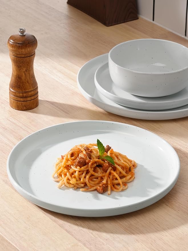 Famiware Dawn Dinnerware Sets, 18 Piece Dish Set with Speckled Design, Plates and Bowls Sets for 6, White