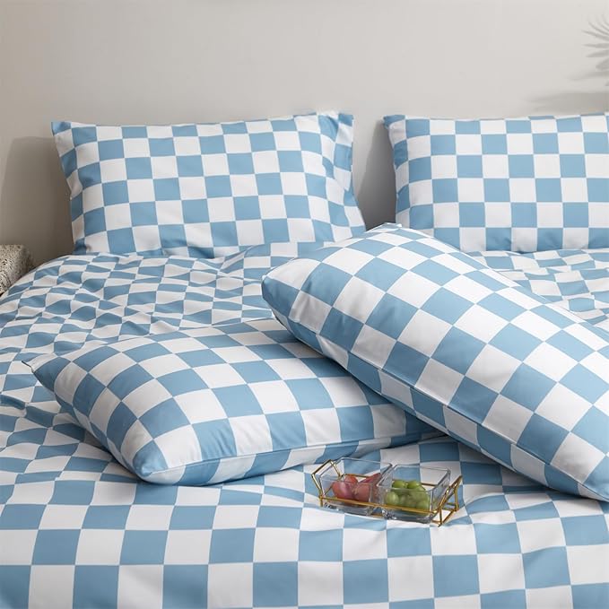 Pureant Blue and White Plaid Comforter Set King Blue Checkerboard Grid Bedding Comforter Sets Blue Buffalo Grid King Comforter for Women Men Soft Checkered Geomertic King Size Comforter Sets