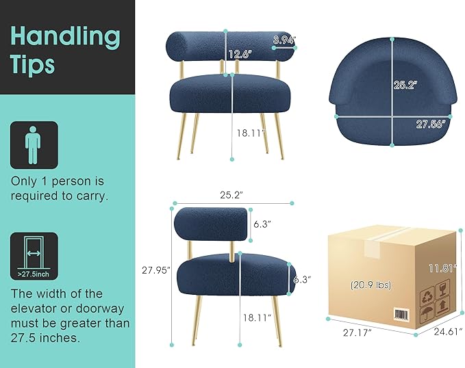 Mid Century Sherpa Boucle Accent Chair, Round Upholstered Barrel Arm Chair for Small Spaces, Fluffy Side Corner Chair for Living Room, Bedroom, Vanity, Office, Reading Nook(Navy Blue)