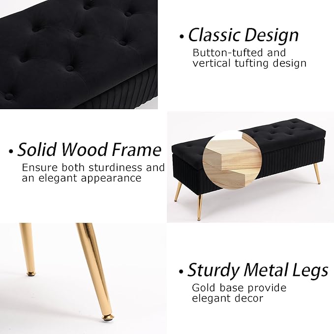 Velvet Storage Bench for Bedroom, Upholstered End of Bed Bench Modern Tufted Ottoman with Gold Legs for Living Room/Window/Entryway (Black, Rectangle-45.5" W)