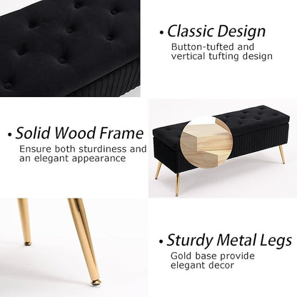 Velvet Storage Bench for Bedroom, Upholstered End of Bed Bench Modern Tufted Ottoman with Gold Legs for Living Room/Window/Entryway (Black, Rectangle-45.5" W)