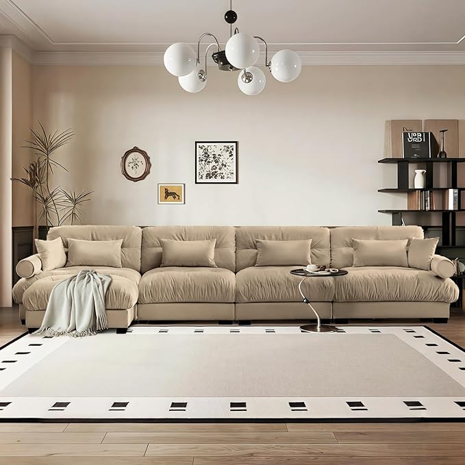 SoarFlash 166" Sectional Couches for Living Room, L Shaped Sofa Couch with Velvet Fabric, 4 Seat Modern Sofa with Ottoman, Removable Pillows for Apartment, Brown