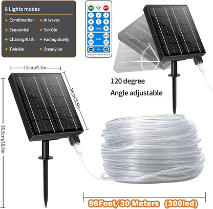 Solar Rope Lights 98FT Waterproof 300LEDs, Rechargeable Solar String Light with Remote Control,Outdoor Palm Tree Holiday Lights for Pathway Pool Patio Party Garden Yard Balcony (Multi Color)
