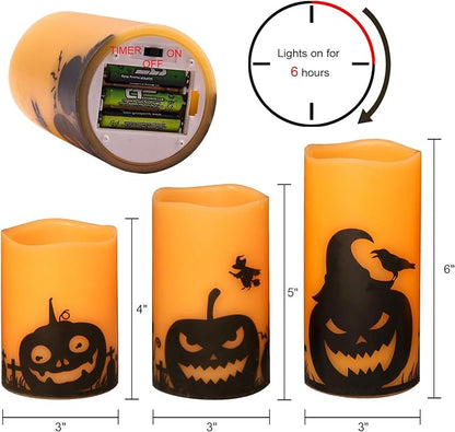 Eldnacele Halloween Flameless Candles, LED Flickering Battery Pillar Candles with 6H Timer and Pumpkin Decals, Spooky Fall Halloween Festival Party Decoration Set of 3 (D 3” x H 4” 5” 6”)